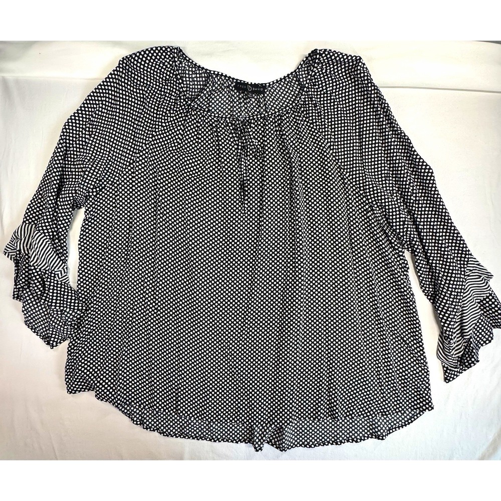 Fred David Black White Polka Dot Ruffle Round Neck Woven Blouse 3X B2U007RW